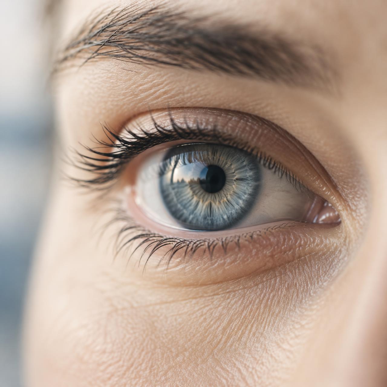 Gros plan d'un œil à l'iris bleu-gris, net et lumineux